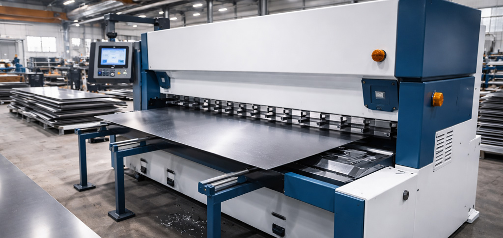 Cisaille guillotine industrielle pour d&eacute;coupe de t&ocirc;le en atelier