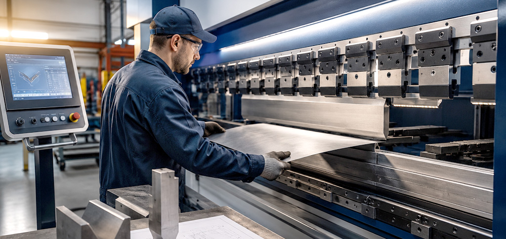 Ouvrier pliant une t&ocirc;le sur une presse plieuse CNC